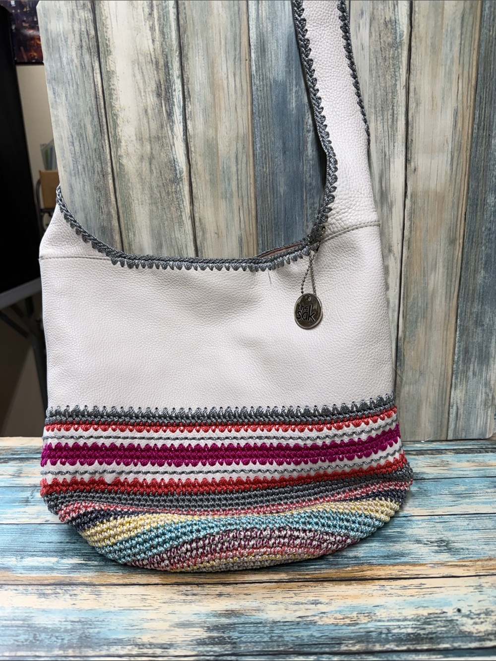 The Sak Iris Large Leather Crochet Hobo Bag White Striped Boho Shoulder Tote